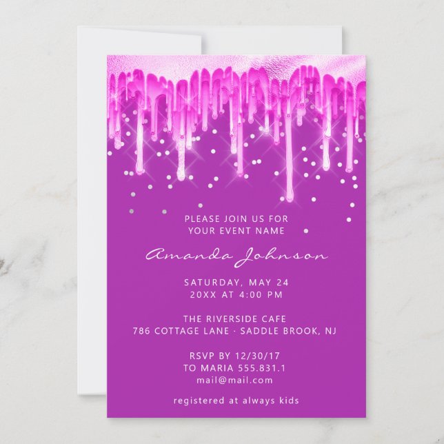 Invitación Purpurina  Boda de novia azul rosa fucsia (Anverso)