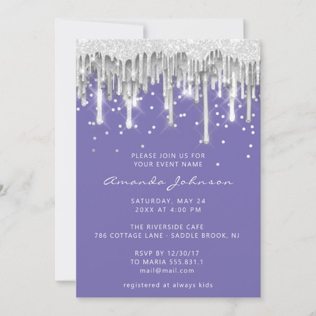 Invitación Purpurina  Boda de novia Gris morado (Anverso)