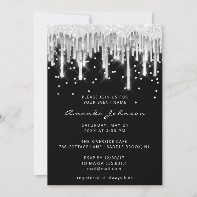 Invitación Purpurina  Boda de novia Gris negro plateado (Anverso)