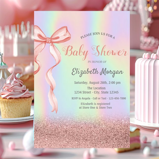 Invitación Purpurina Bokeh, Baby Shower holográfico de Bow ro (Subido por el creador)