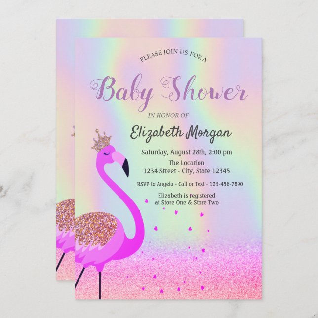 Invitación Purpurina Bokeh, Flamingo, Baby Shower holográfico (Anverso / Reverso)
