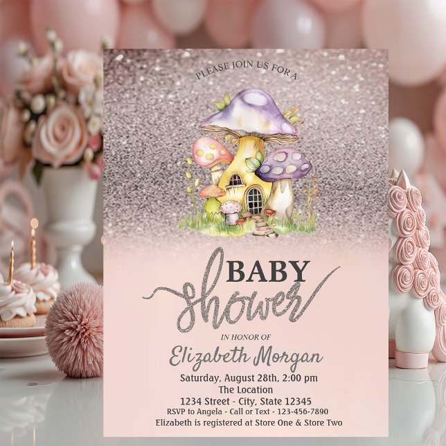 Invitación Purpurina Bokeh, Floral Mushroom House Baby Shower (Subido por el creador)