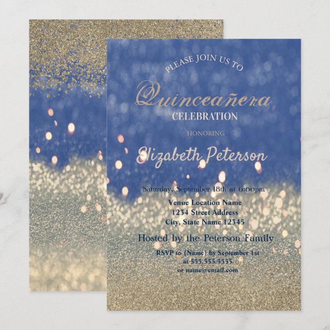 Invitación Purpurina Bokeh Gold Diamonds Quinceañera (Anverso / Reverso)