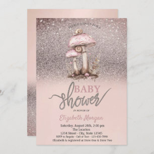 Invitación Purpurina Bokeh, hongos acarician Baby Shower