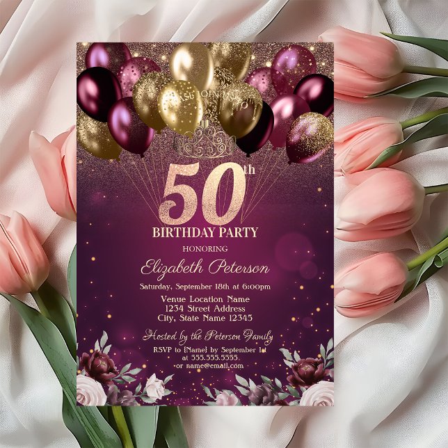 Invitación Purpurina Borgoña Flores de globo 50 cumpleaños (Subido por el creador)