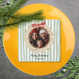 Invitación Purpurina Bow Merry Christmas Wreath Family Photo