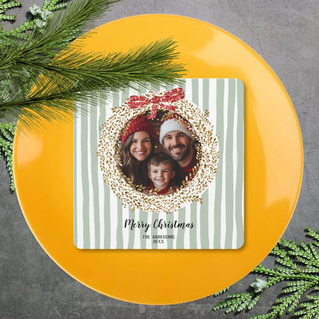 Invitación Purpurina Bow Merry Christmas Wreath Family Photo (Subido por el creador)