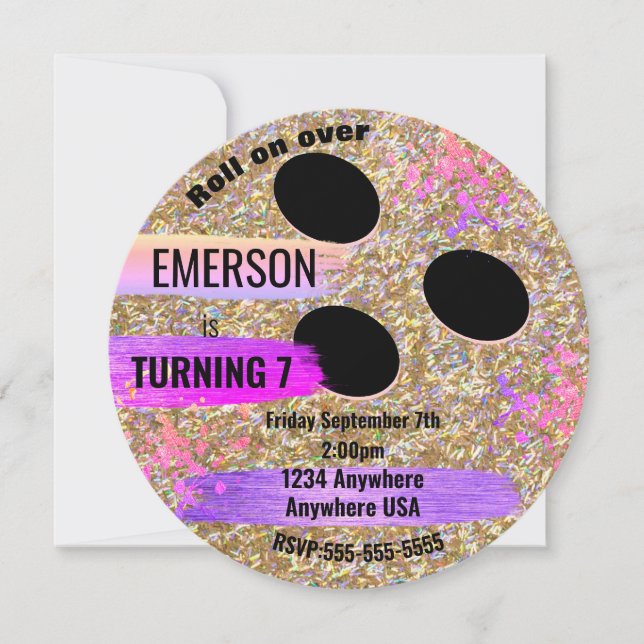 Invitación Purpurina BOWLING BALL, boliche, fiesta de cumplea (Anverso)