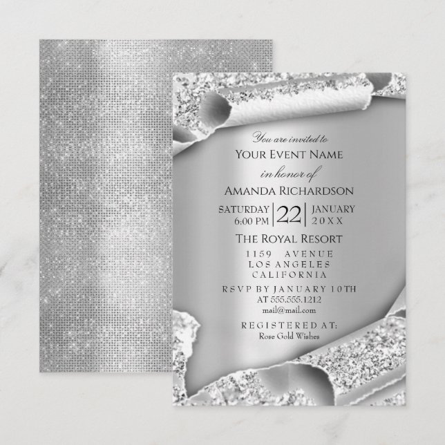 Invitación Purpurina Bridal Bridal Shower 3D Gray Silver (Anverso / Reverso)
