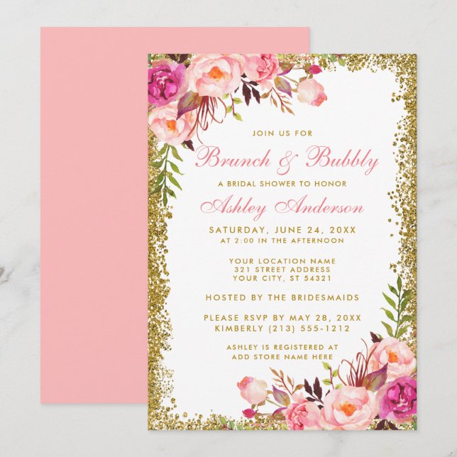 Invitación Purpurina Bridal Shower Brunch Pink Floral Gold (Anverso / Reverso)