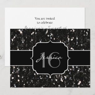 Invitación Purpurina brillante blanco negro brillante destell
