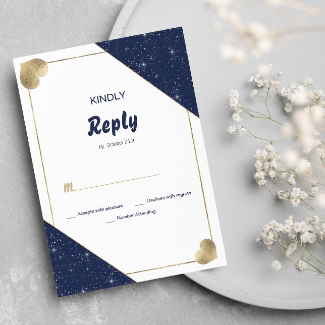 Invitación Purpurina brillante de corazón dorado azul marino  (Navy blue gold heart sparkle glitter RSVP )