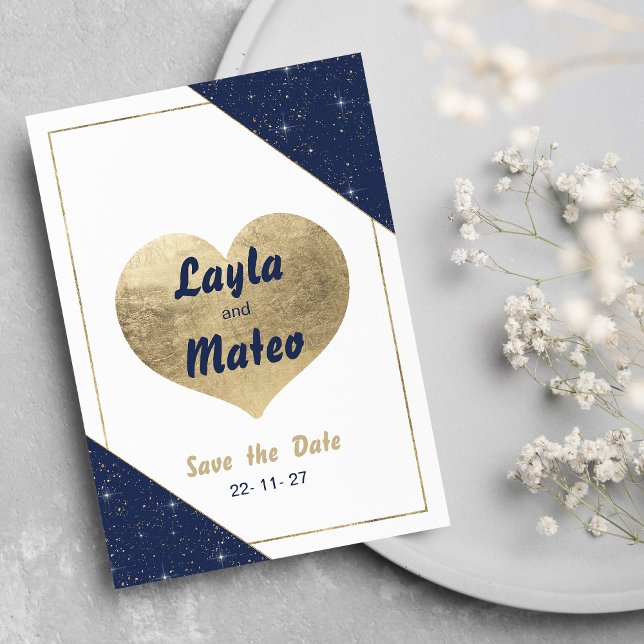 Invitación Purpurina brillante de oro azul marino Salven la f (Navy blue gold heart sparkle glitter Save the Date)