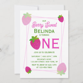 Invitación Purpurina brillante rosa Y2K Fresa 1er cumpleaños