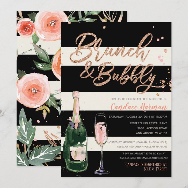 Invitación Purpurina brunch-bubbly Black Stripe Bridal Shower (Anverso / Reverso)