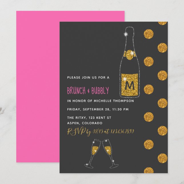 Invitación Purpurina Brunch y Bubbly Bridal Shower (Anverso / Reverso)