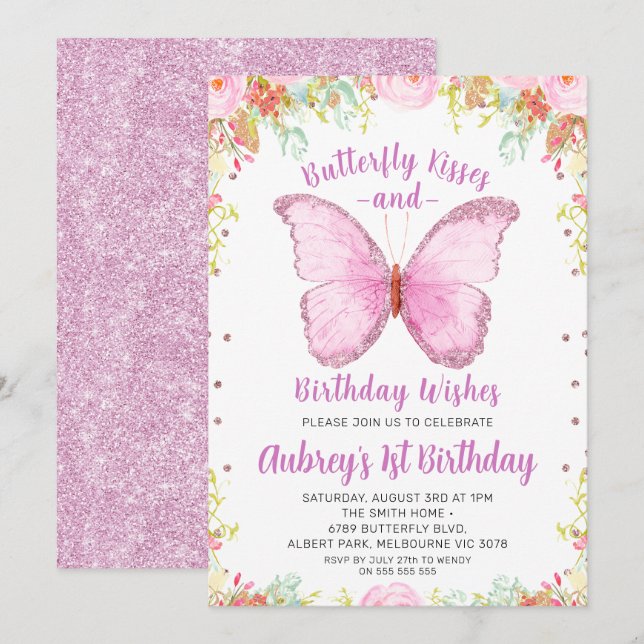 Invitación Purpurina Butterfly besa deseos de cumpleaños cump (Anverso / Reverso)