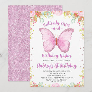 Invitación Purpurina Butterfly besa deseos de cumpleaños cump