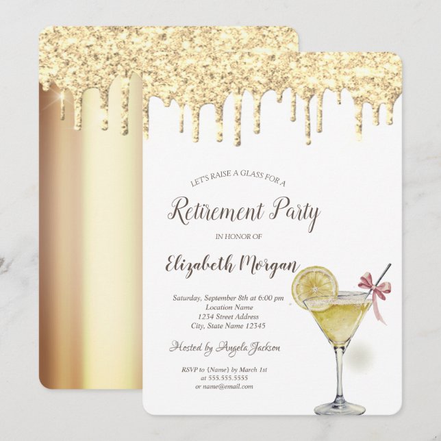 Invitación Purpurina Cae La Jubilación De Limón De Cóctel (Anverso / Reverso)