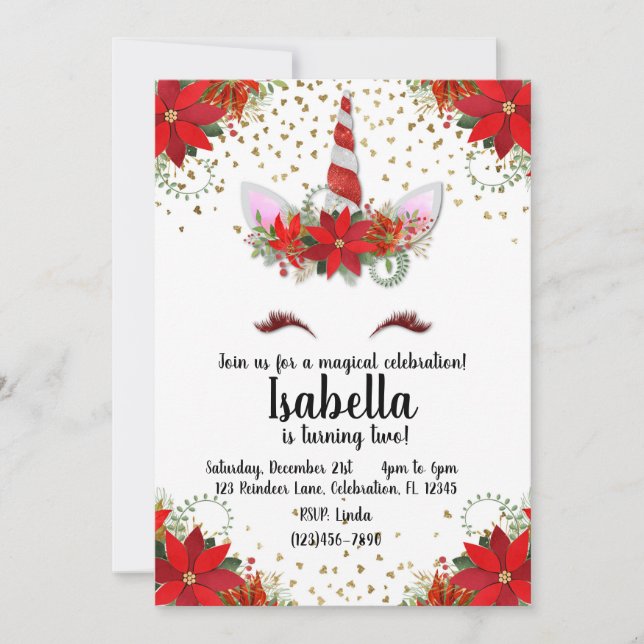 Invitación Purpurina Candy Cane Unicorn (Anverso)