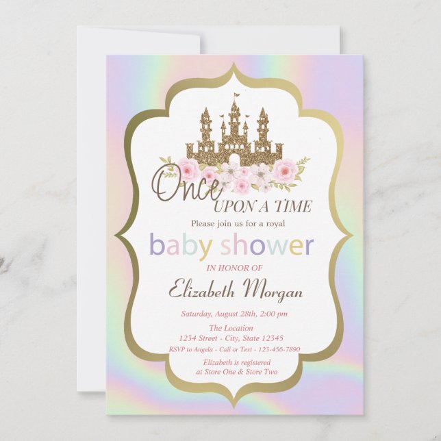 Invitación Purpurina Castle Floral, Baby Shower holográfico (Anverso)