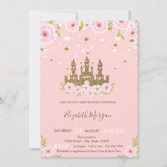 Invitación Purpurina Castle Stars Flowers Baby Shower (Anverso)