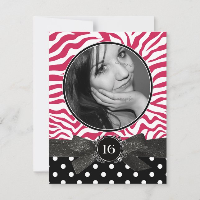 Invitación Purpurina cebra y polkadots Foto dulce 16 rosa (Anverso)