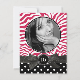 Invitación Purpurina cebra y polkadots Foto dulce 16 rosa