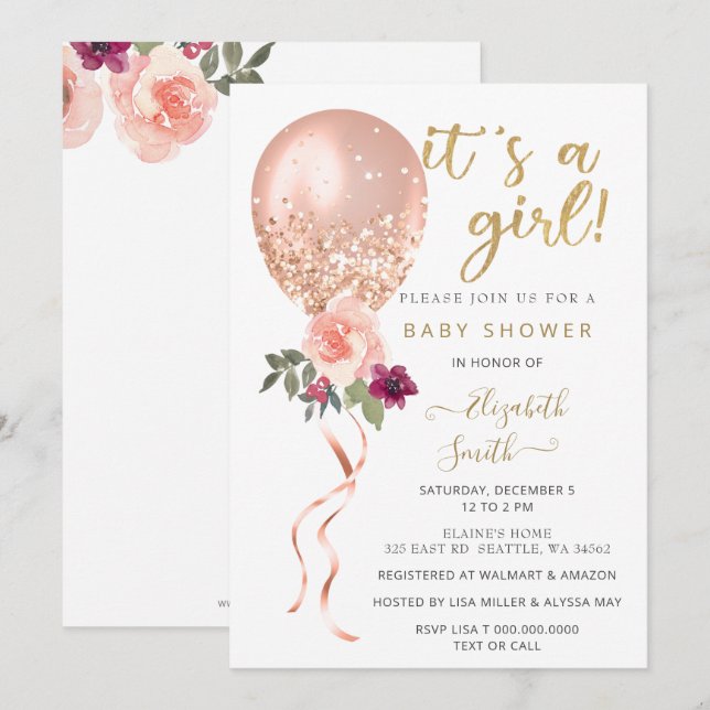 Invitación Purpurina Chica de globo floral rosa Baby Shower (Anverso / Reverso)
