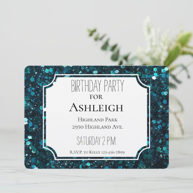 Invitación Purpurina Chunky Verde azulado Blue Faux (Anverso de pie)