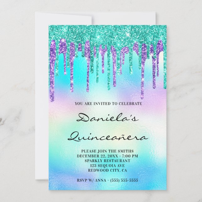 Invitación Purpurina colorido goteo irlandés Quinceañera (Anverso)