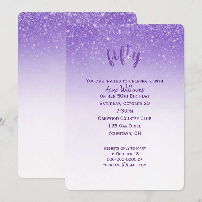 Invitación Purpurina Confetti 50.ª fiesta de cumpleaños (Anverso / Reverso)