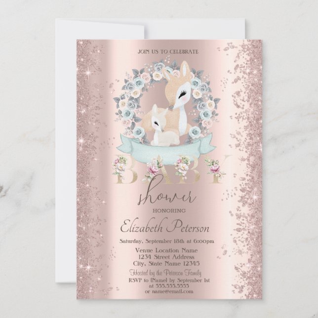 Invitación Purpurina Confetti Baby Deers Flowers Baby Shower (Anverso)