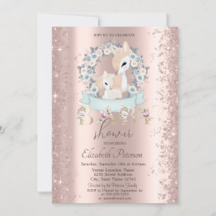 Invitación Purpurina Confetti Baby Deers Flowers Baby Shower