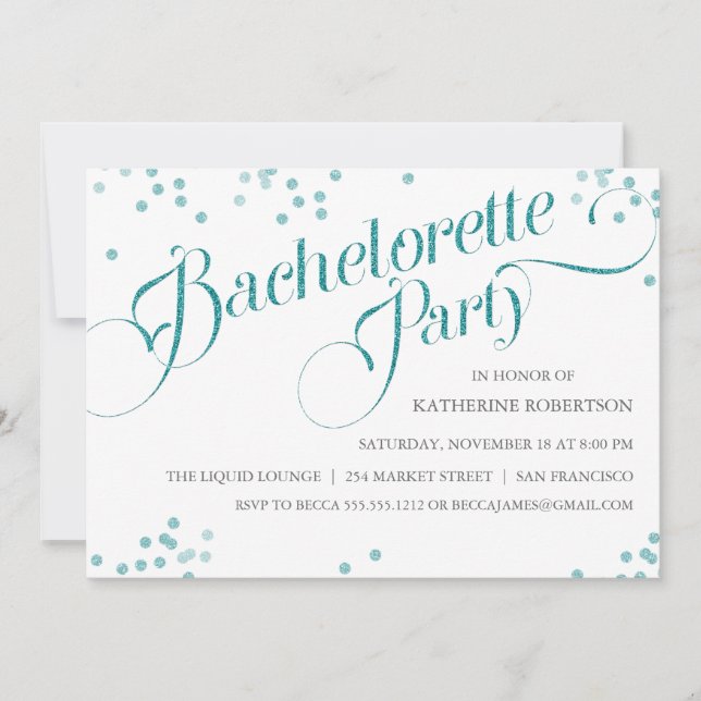 Invitación Purpurina Confetti Bachelorette invitada, verde az (Anverso)