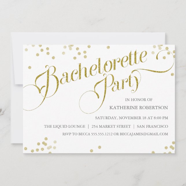 Invitación Purpurina Confetti Bachelorette Party Invitado, or (Anverso)