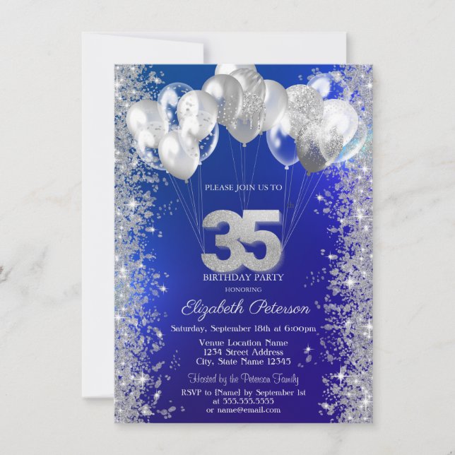 Invitación Purpurina Confetti Balloons Navy Blue 35 cumpleaño (Anverso)