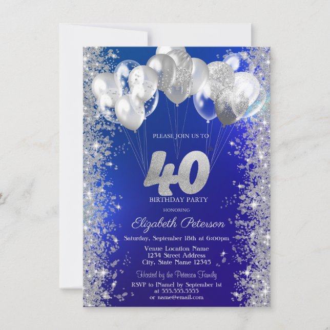 Invitación Purpurina Confetti Balones Marina Azul 40 cumpleañ (Anverso)