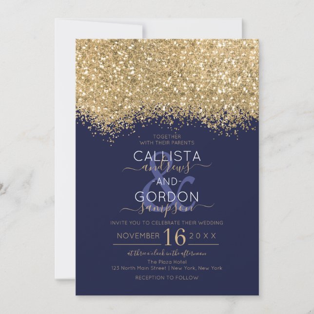 Invitación Purpurina Confetti Boda de la Marina de Oro de Luj (Anverso)