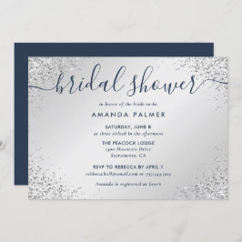 Invitación Purpurina Confetti Bridal de la Marina Blue Silver