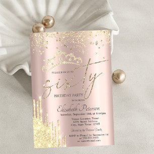 Invitación Purpurina Confetti Crown Rosa Gold Cumpleaños 60
