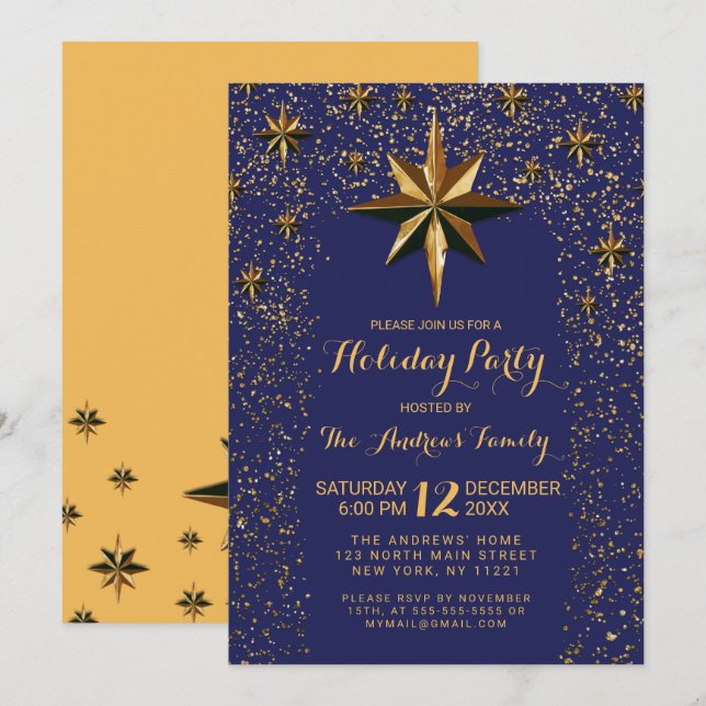 Invitación Purpurina Confetti de Navy Gold North Star (Anverso / Reverso)