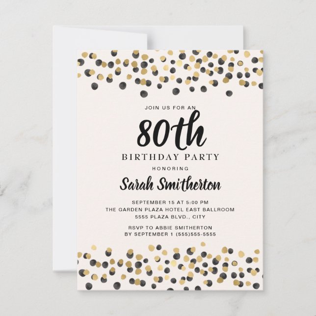 Invitación Purpurina Confetti de Oro Negro 80 cumpleaños (Anverso)