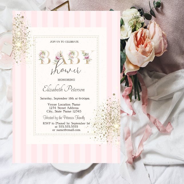 Invitación Purpurina Confetti Dust Pink Stried Baby Shower (Subido por el creador)
