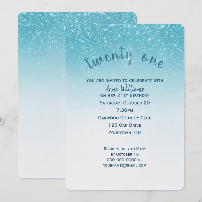 Invitación purpurina confetti fiesta de 21 años (Anverso / Reverso)