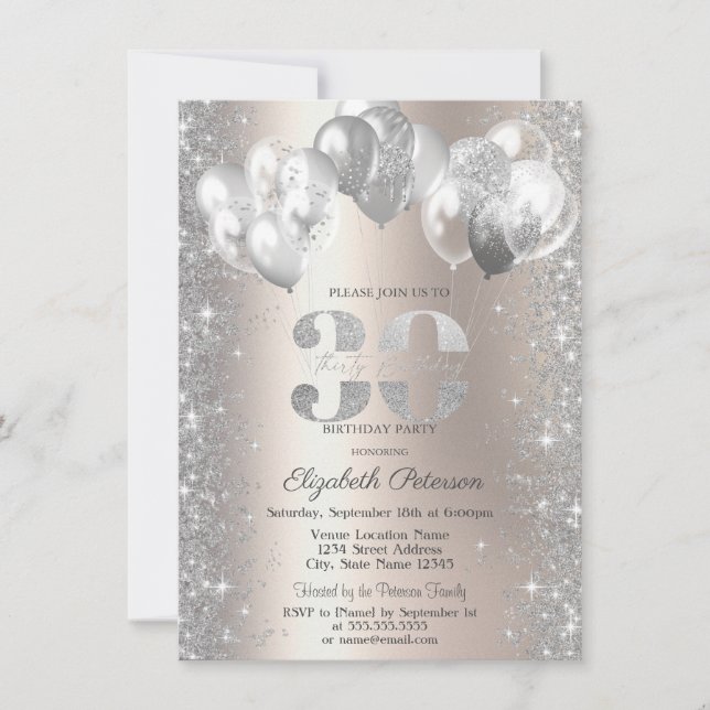 Invitación Purpurina Confetti Globos Champagne 30 cumpleaños (Anverso)