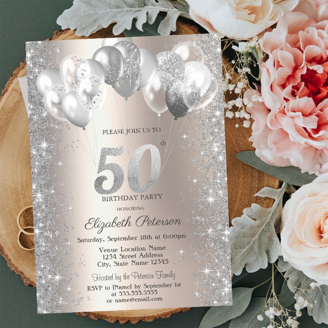 Invitación Purpurina Confetti Globos Champagne 50 cumpleaños (Subido por el creador)