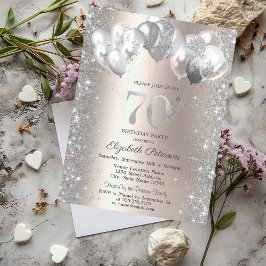 Invitación Purpurina Confetti Globos Champagne 70 cumpleaños