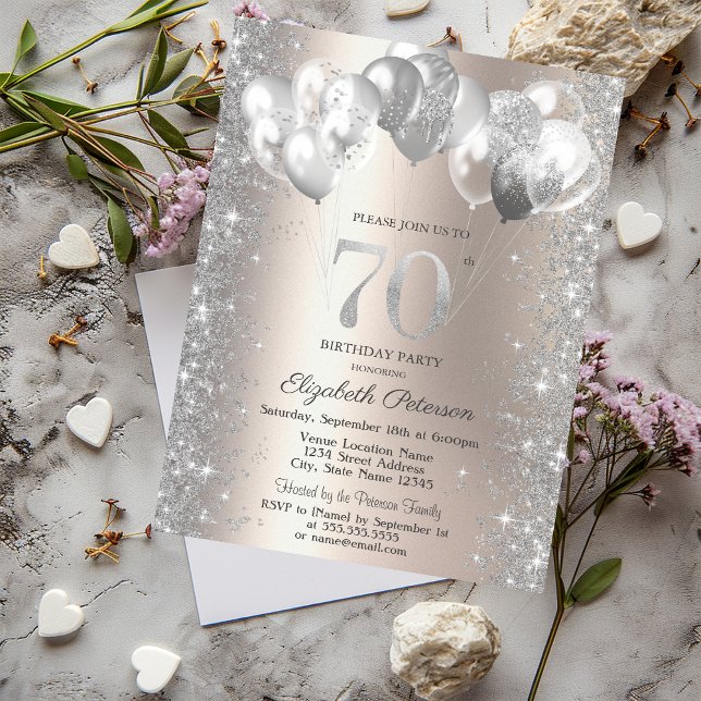 Invitación Purpurina Confetti Globos Champagne 70 cumpleaños (Subido por el creador)