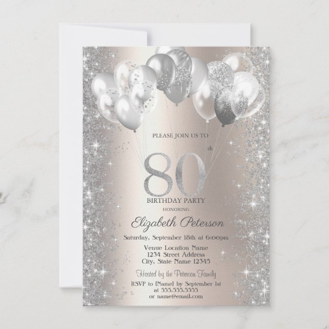 Invitación Purpurina Confetti Globos Champagne 80 cumpleaños (Anverso)
